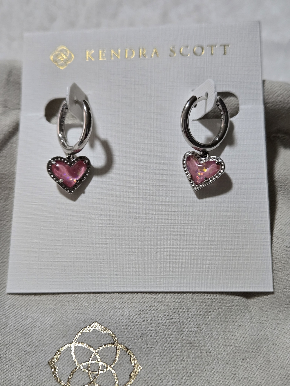 Kendra Scott Silver Hoop, Pink Heart Earrings with matching Neaklace
